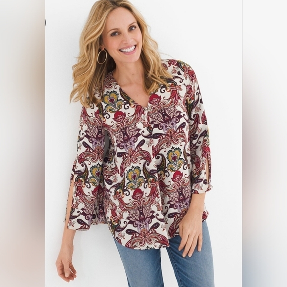 Chicos-3 Multicolored Split sleeve Paisley Pattern Blouse XL Western Festival - Picture 1 of 9